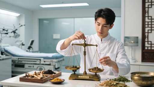 中医四诊场景，医师望闻问切，专业诊断设备辅助，传统与现代结合